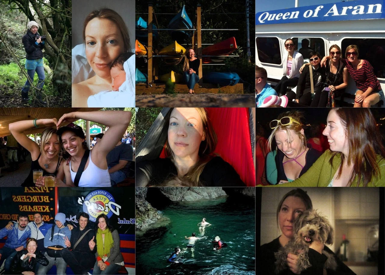 A collage of Gina Brocker: photographing outdoors, with her baby, with friends, swimming, with her dog