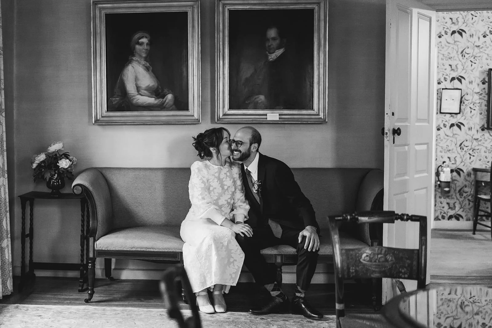 A documentary photograph of a bride and groom seeing each other before their Loring Greenough House Wedding.